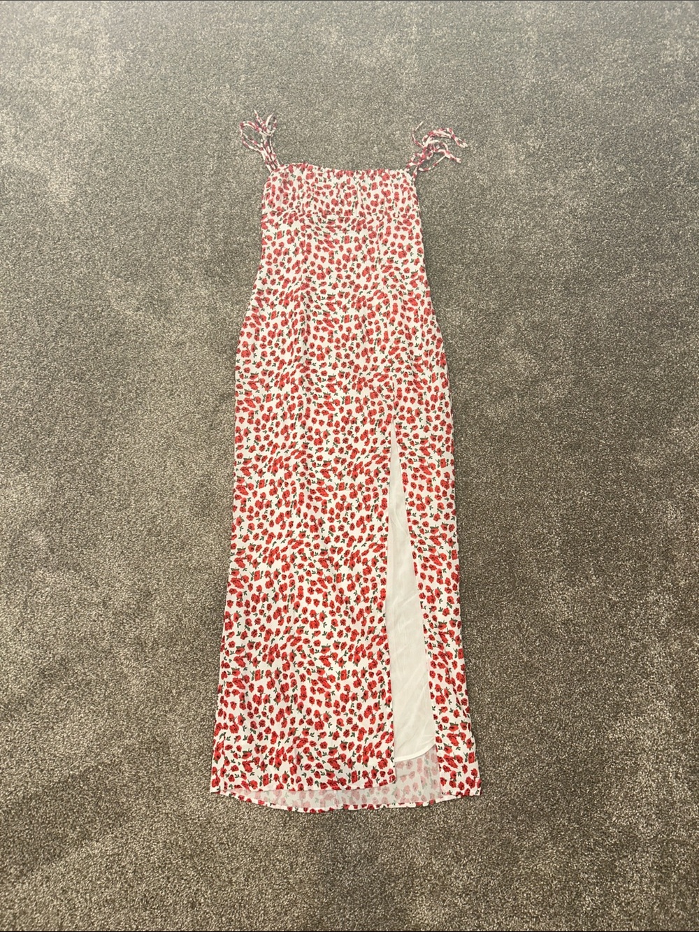 Princess Polly White and Red Floral Slip Maxi Dress with Side Slit